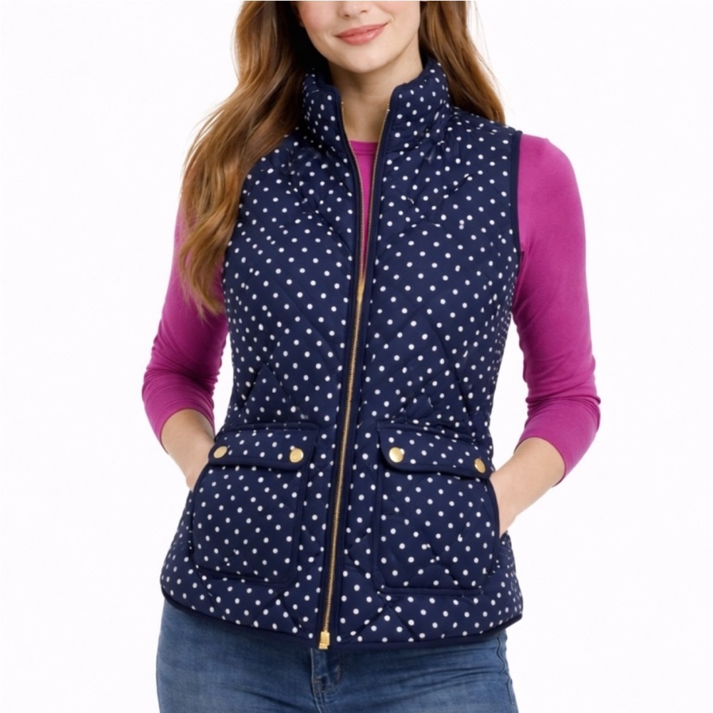 J. Crew Navy & White Polka Dot Vest Full Zip Down—size small